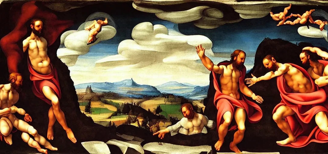 Prompt: the creation of adam painting by artist michelangelo