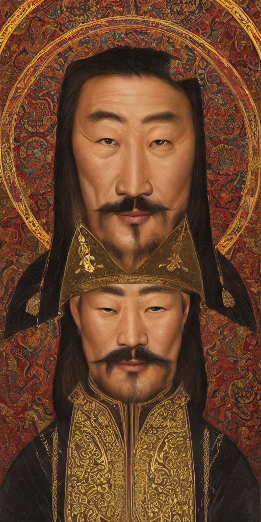 Image similar to a stunning and noble highly detailed romantic period style portrait of Genghis Khan by Josep Tapiró Baró, trending on artstation, oil painting masterpiece, symmetry, fractals, Mongolian iconography