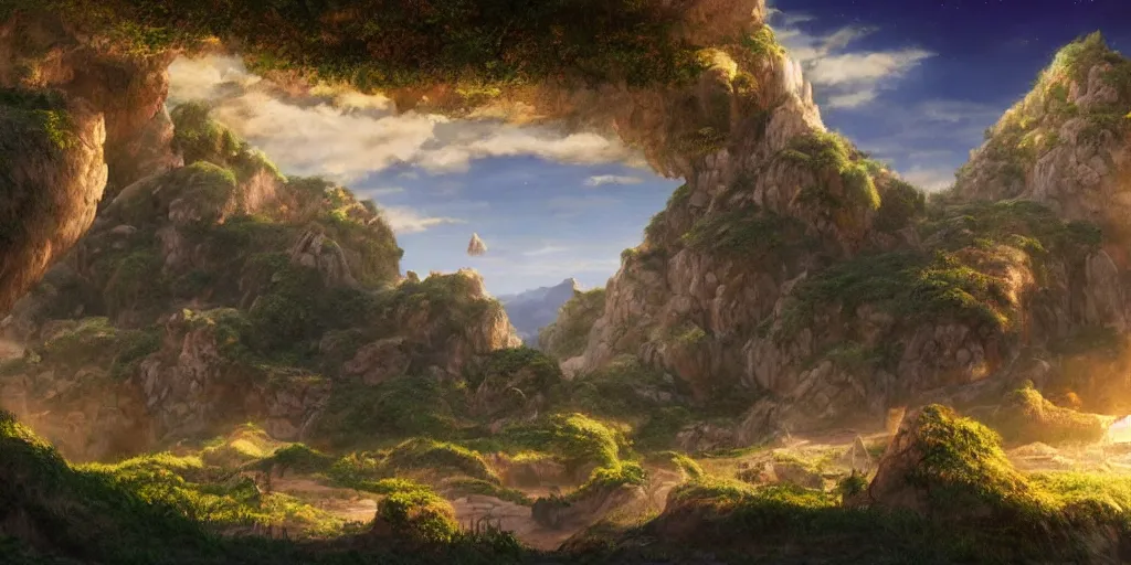 Image similar to lush and beautiful concept art for the shire, floating rocks in the air, stone city, arabian castles, sand, golden sun, planets, lord of the rings, peter jackson, studio ghibli, detailed, realistic lighting, volumetric lighting, golden hour,