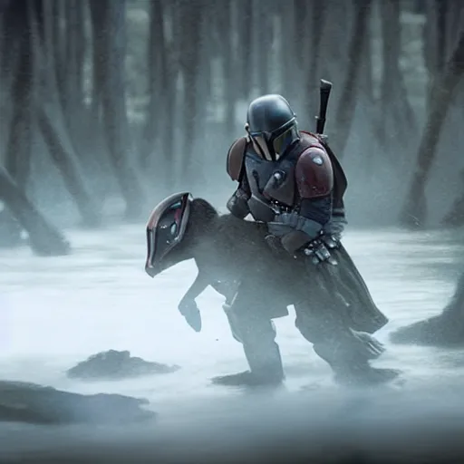 Image similar to mandalorian carrying grogu through swamp, stunning cinematography, light diffusion