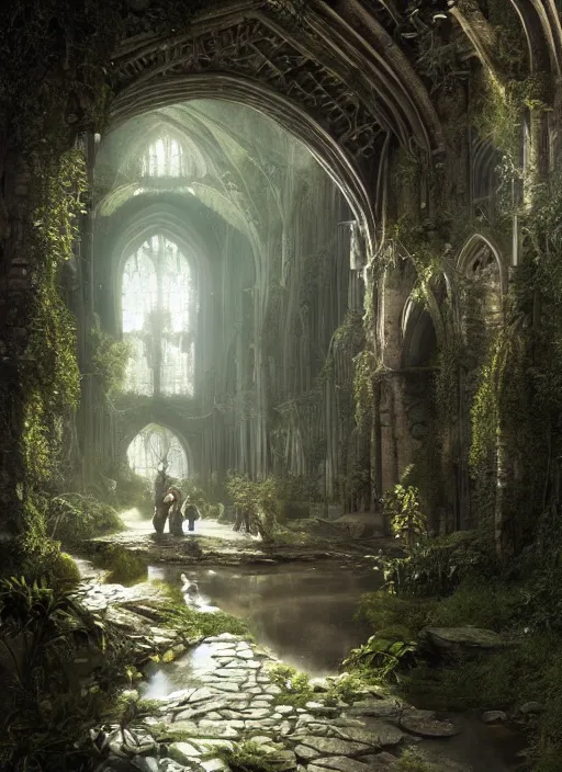 Prompt: medieval adventurers in lord of the rings scenery landscape, inside an enormous overgrown cathedral, stream, treasure, reflections, portal to another dimension, highly detailed, cinematic lighting, perfect composition, 4 k, gustave dore, derek zabrocki, greg rutkowski, belsinski, octane render