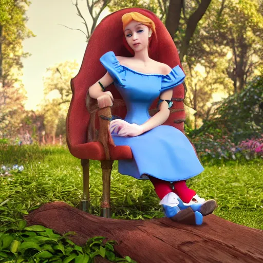 Prompt: disney inspired female figurine, alice in wonderland theme, sitting teenager, full body, realistic portrait, octane render 8 k, unreal engine, hd