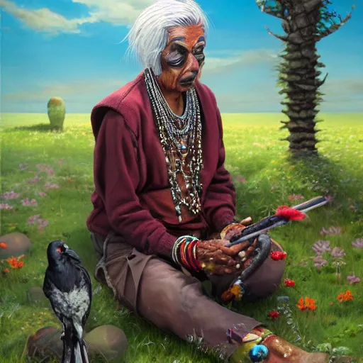 Image similar to n elderly indian don juan is sitting in a field with peyote and smoking a pipe, a raven walks next to him, by miho hirano, ross tran and ilya kuvshinov, realistic, detailed, beautiful fantasy detailed trending on artstation, oil painting, dramatic lighting, eterea, high quality print, fine art with subtle redshift rendering