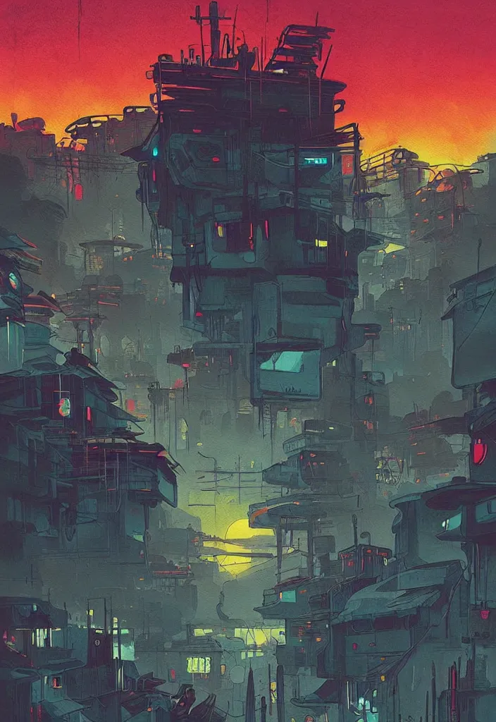 Prompt: Kilian Eng painting of a cyberpunk African favela, hazy sunset with dramatic clouds, line art, ink, watercolor, heavy brushstrokes, asymmetrical, trending on Pinterest, High quality image