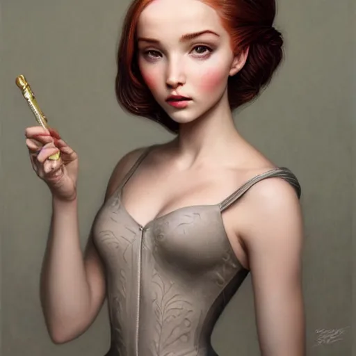 Prompt: tom bagshaw portrait, beautiful mix of dove cameron madison beer bella poarch in a full ballerina suit, short redhead, professionally retouched, focus eyes, ultra realistic soft painting, insanely detailed linework, symmetrical accurate intricate features, behance, 8 k, - signature