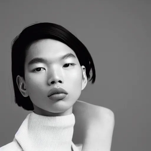 Image similar to realistic! photoshoot for a new balenciaga lookbook, color film photography, portrait of a beautiful asian model, photo in style of tyler mitchell, 35mm