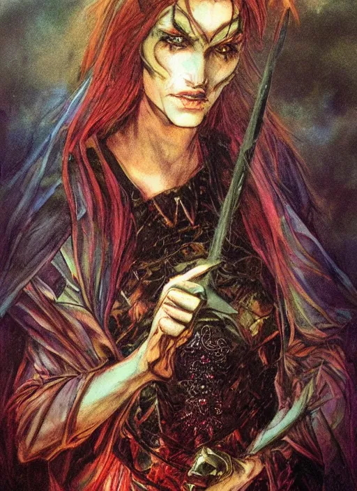 Image similar to portrait of young female sorceress of the endtimes, beautiful! coherent! dungeons and dragons character, by brian froud, strong line, cool night color, high contrast