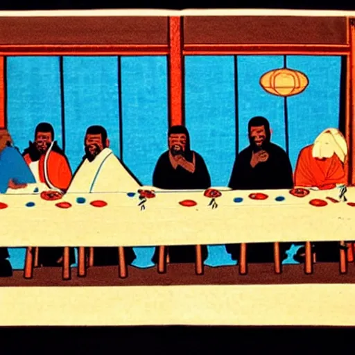 Prompt: Kanye at the last supper, Japanese woodblock art style