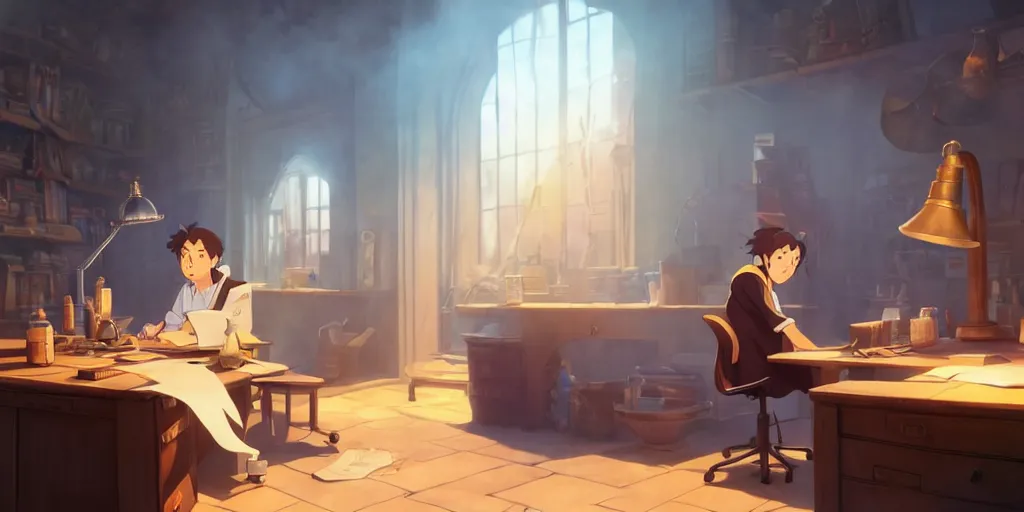 Image similar to a wizard with brown hair is standing at his desk working with jars of liquids, beakers of bubbling potions, coherent, medium shot, waist up, studio ghibli, pixar and disney animation, sharp, rendered in unreal engine 5, anime key art by greg rutkowski, bloom, dramatic lighting