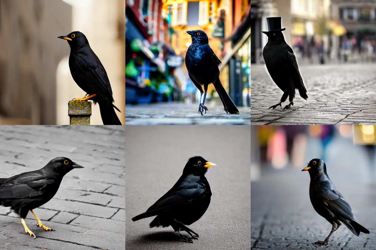 Prompt: a blackbird, wearing a top hat, carrying a cane, strolling down the high street, realistic, 4 k, high resolution, photograph, 5 0 mm lens, sharp focus, blurred background