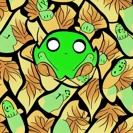 Image similar to a leaf face fish kissing a frog in a pattern in pokemon style