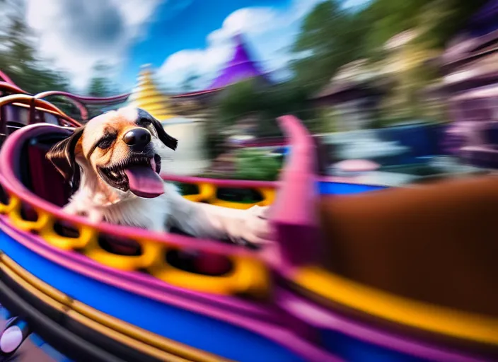 Image similar to film still of a dog riding a roller coaster in disneyland paris, 8 k