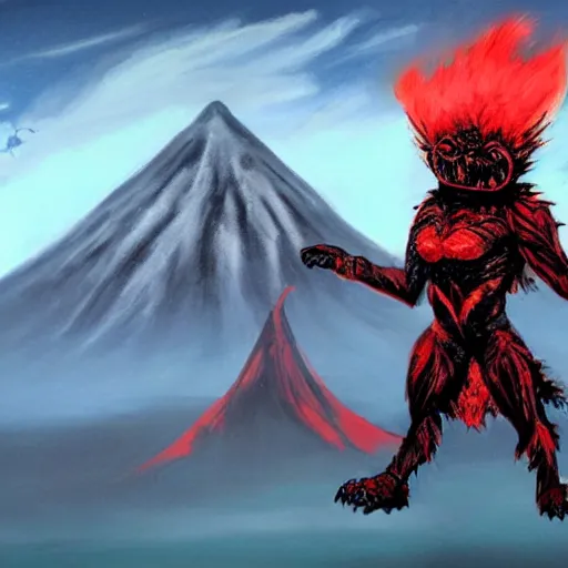 Image similar to a highly detailed red and black obsidian volcanic goblin, like magic the gathering, goblin chainwalker, with a volcano in the background ” w 7 6 8