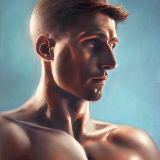 Image similar to a beautiful toned man, aesthetic, oil painting, pale colors, high detail, 8 k, wide angle, trending on artstation,