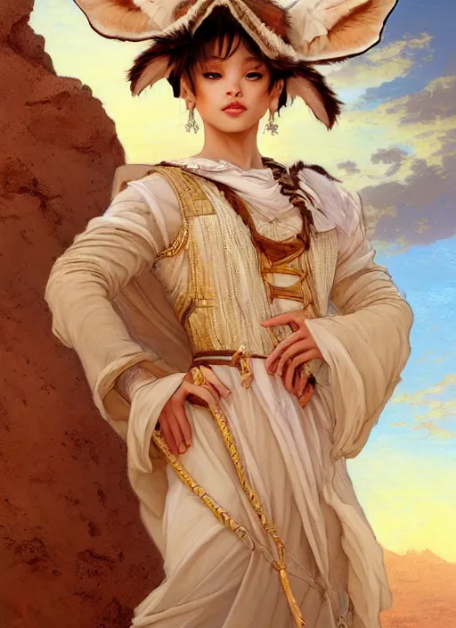 Prompt: harmony of desert, cute fennec fox hybrid ( human face ) jimin wearing greek clothes, amazing composition & dynamic posing, by franz xavier leyendecker, wlop! muted colors, highly detailed, fantasy art by craig mullins, thomas kinkade cfg _ scale 9