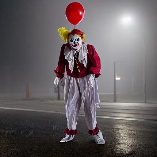 Image similar to a scary clown is standing in the shadows in the middle of a parking lot outside of walmart during night time, rain, foggy, super realistic, high details