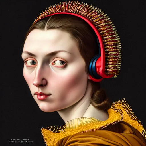 Image similar to Colour Caravaggio style Photography of Highly detailed beautiful Woman with 1000 years perfect face and wearing detailed Ukrainian folk costume designed by Taras Shevchenko also wearing highly detailed retrofuturistic headset designed by Josan Gonzalez. Many details In style of Josan Gonzalez and Mike Winkelmann and andgreg rutkowski and alphonse muchaand and Caspar David Friedrich and Stephen Hickman and James Gurney and Hiromasa Ogura. Rendered in Blender and Octane Render volumetric natural light