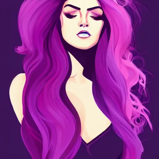 Image similar to a stunning upper body portrait of a beautiful woman with ombre hairstyle in purple and pink blowing in the wind by marvel comics, digital art, trending on artstation