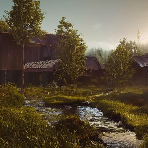 Image similar to ecovillage 🏢designed by olson kundig, day time, grand mountains and forest in the distance, farm and gardens, streams, white mist, sun in the sky, Cinematic, environment concept art, ethereal, ultra detailed, unreal engine style, cinematic light, trending in artstation, highly detailed, epic scene