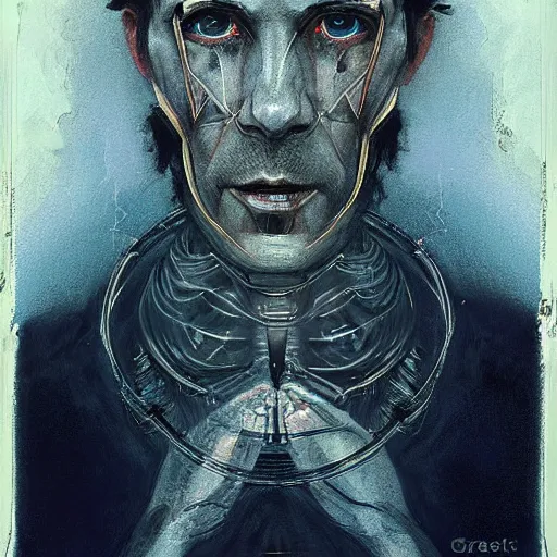 Image similar to surreal portrait of a man by Greg Rutkowski, symmetrical face, he is about 50 years old, short black hair with bangs, his features are a mix between French, Turkish and Russian, transformed into a kind of biomechanical transhuman god, blue glowing eyes, expression of epiphany and determination, cosmic void background, frightening, fascinating, highly detailed portrait, digital painting, book cover, artstation, concept art, smooth, sharp foccus ilustration, Artstation HQ