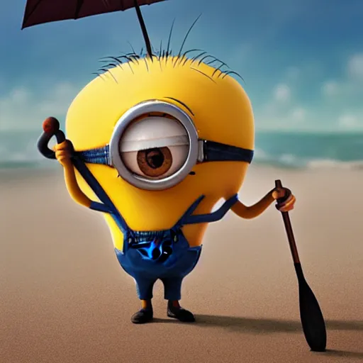 Prompt: an epic painting minion holding umbrella at the beach with silly face, pencil drawing, perfect composition, golden ratio, beautiful detailed, photorealistic, digital painting, concept art, smooth, sharp focus, illustration, artstation trending, octane render, unreal engine