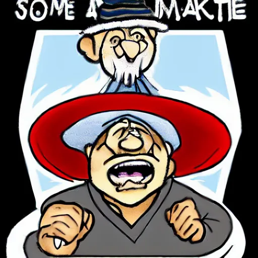 Image similar to a hilarious grumpy old man wearing a funny hat and has the expression of screaming and yelling, shaking his fist at those darn kids again! Digital art, holiday edition, humorous