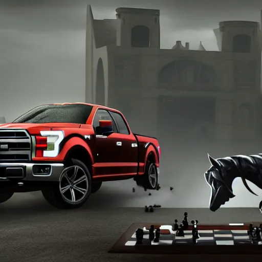 Prompt: A Ford F-150 with big muscles playing chess against the grim reaper, cinematic, artstation, high definition