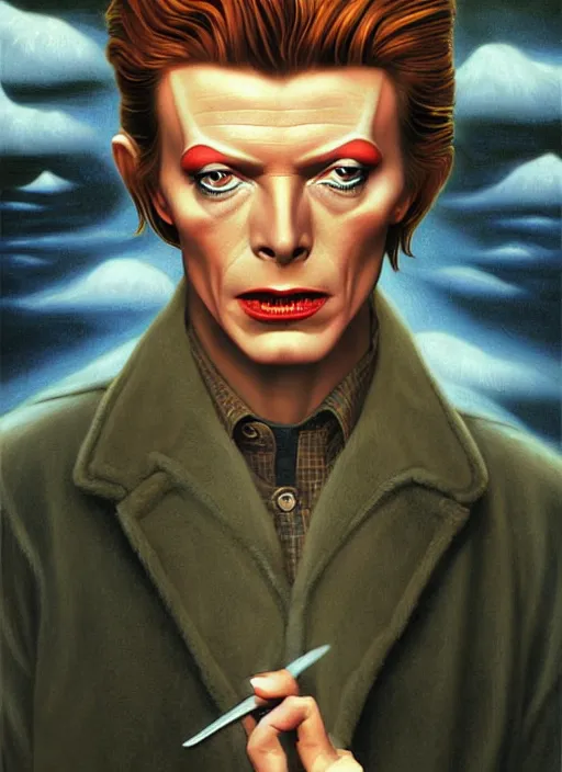 Image similar to twin peaks poster art, portrait of david bowie fights off the temptation to deindividuation, by michael whelan, rossetti bouguereau, artgerm, retro, nostalgic, old fashioned