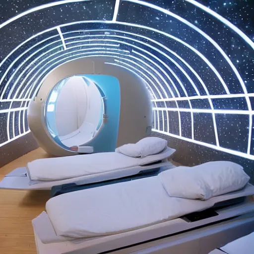 Image similar to cybernetic sleeping pods, diverse humans sleeping in healing pods, humans sleeping in healing pods, wide wide angle, vivid, elaborate, starry forest, highly detailed, beautiful dim lighting