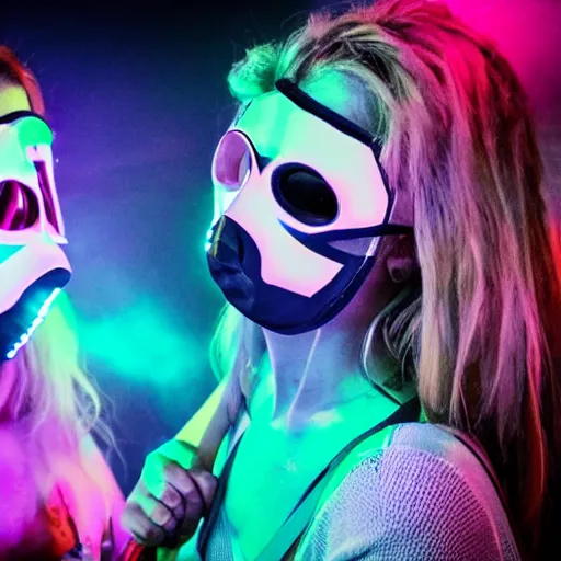 Image similar to scandy and arender playing a live gig at night time with masks on, beautiful girls, colored lights, stroboscope, huge led visuals, rave lights, heavy fog machine, no faces visible, outdoor rave, techno, huge crowd on drugs, ecstatic crowd, photorealistic photography