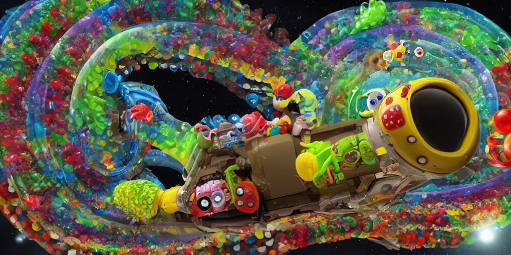 Image similar to a 3 d rendered movie still a gummi worm descendant 1 million years from now. gummi worm wears a spacesuit, and explores cosmos in a super awesome space ship. science fiction blockbuster movie gummi worms rule the world or my stepmom is a gummie worm from space, imax 7 0 mm. silent running