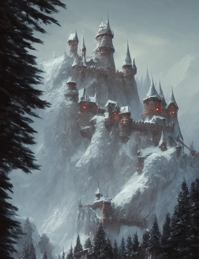 Image similar to a painting of a castle in the middle of a snowy mountain, a detailed matte painting by andreas rocha and greg rutkowski, featured on artstation, fantasy art, matte drawing, matte painting, artstation hq