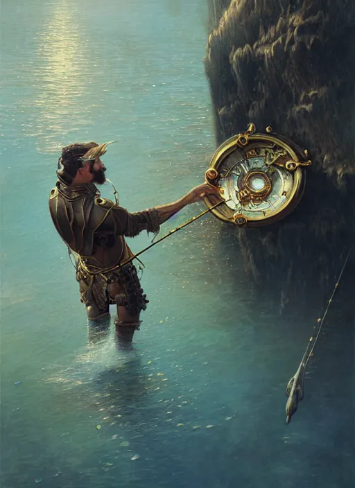 Prompt: hyper realistic fisherman, birds eye view, magical, gems, jewels, gold, steampunk, cyberpunk utopia, painted by tom bagshaw, mucha, gaston bussiere, craig mullins, j. c. leyendecker 8 k