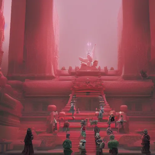 Prompt: a gigantic and minimalistic temple, soft red tone colors, where everyone is an npc, frozen in motion, high detail, artwork, filmgrain, soft tones, soft lighting