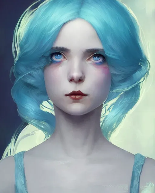 Prompt: symmetrical portrait of a pretty girl with blue hair dressed as alice in wonderland, digital painting, 8 k, concept art, art by wlop, artgerm, greg rutkowski and alphonse mucha