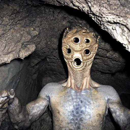 Prompt: photo inside a cavern of a humanoid with lizard skin and a mouth with sharp tooth and black eyes