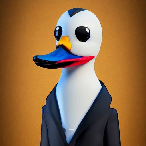 Image similar to a high detail photo of an antropomorphic duck wearing a suit, trending on artstation