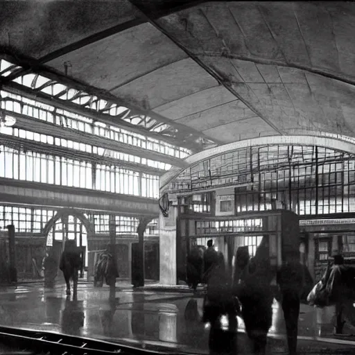 Image similar to a black and white photo of people in a train station, photograph by hal morey, a matte painting by hugh ferriss, featured on cg society, light and space, volumetric lighting, matte drawing, global illumination