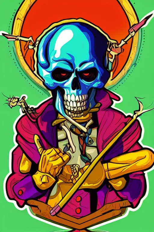 Image similar to rockstar skeletor, art by brian miller, sticker, colorful, illustration, highly detailed, simple, smooth and clean vector curves, no jagged lines, vector art, smooth