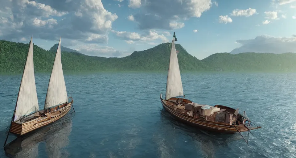 Image similar to A beautiful hyper realistic ultra detailed lifelike matte painting of traditional austrian sailboat on a lake, unreal engine, deviantart, flickr, artstation, octane render, textured, colorful, extreme realistic detail, physically based rendering, pbr render, very detailed, volumetric lighting, detailed lighting, octane render, 4k, cinematic lighting, 8k resolution