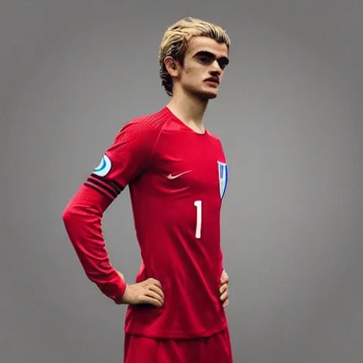 Image similar to “ a realistic detailed photo of a guy who is an attractive humanoid who is half robot and half humanoid, who is a male android, soccer player antoine griezmann, shiny skin, posing like a statue, blank stare, on the bed, on display ”