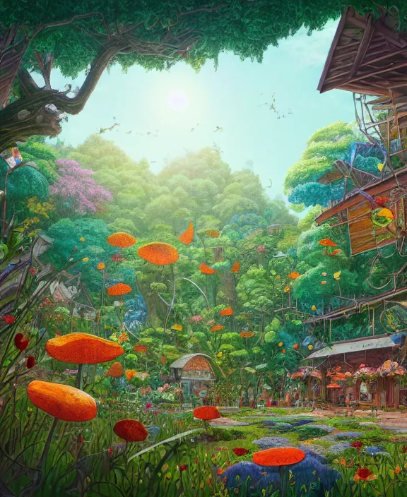 Prompt: a simple, whimsical school made from flowers, overgrown with huge exotic fungus, deep in the woods, cheerful, partly cloudy, by dan mumford, yusuke murata, makoto shinkai, ross tran, dreamy, cinematic, unreal engine, cel shaded, featured on artstation, pixiv