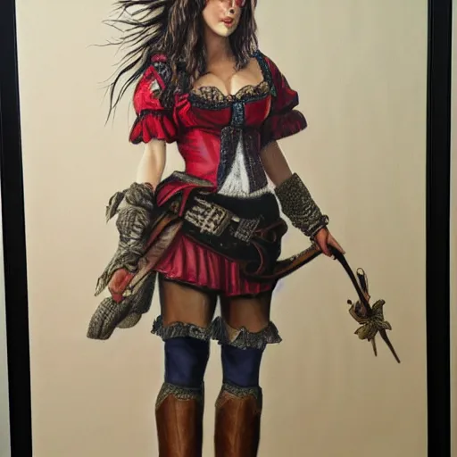 Image similar to detailed full body concept pastel painting of a female pirate in beautifully designed clothing