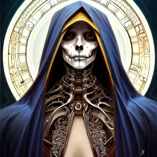 Image similar to Portrait of skeleton wearing a robe, D&D, blue eyes, fantasy, intricate, elegant, highly detailed, digital painting, artstation, concept art, smooth, sharp focus, illustration, art by artgerm and greg rutkowski and alphonse mucha