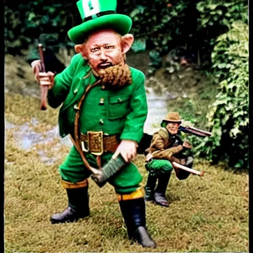 Image similar to leprechaun fighting with the ira, historical photograph, restored, gun, irish, terrorism, colorised, colourised, mask