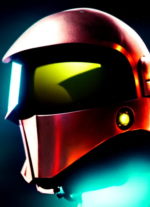 Prompt: Robot Suit, Judge Dredd, Half Face, Samus Aran, Colorful, Godrays, Hood, Black Hood, Neon Visor, Diffused lighting, Space Background, Human Jaw, Mouth, Half Helmet, Visor, Bust, Concept Art, Samurai Helmet, Kabuto, Rhino Beetle, Storm Trooper, Helmet, Dredd, Karl Urban, Sylvester Stallone, Profile, High Detail, 2D art, Artstation, Neon lights, Sci-fi, Space suit, Luis Nieves Sr, Makoto Kano, Metroid