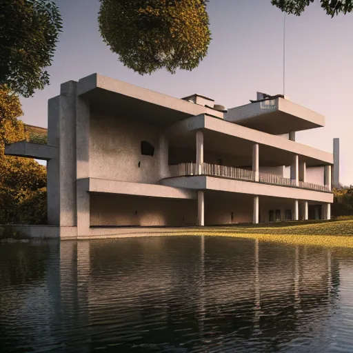 Prompt: brutalist villa on edge of a lake, antoni gaudi and le corbusier, photorealistic, cinematic, volume light, rendered in octane, artstation