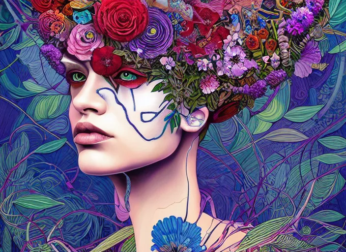 Prompt: a painting of a beautiful cyborg girl with a lot of flowers and blueberries and exotic plants on its head, poster art by android jones, behance contest winner, generative line art, made of flowers, grotesque, concert poster