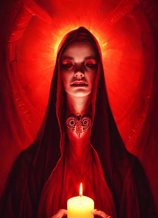 Image similar to portrait of the goddess of blood, long cloak made of blood, profane glowing rune, bloody runes, demonic portal behind, intricate, elegant, soft red candle light, highly detailed, digital painting, artstation, concept art, smooth, sharp focus, illustration, art by wlop, mars ravelo and greg rutkowski