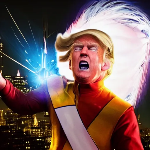 Image similar to photorealistic of an hyper realistic super sayan trump flying in the sky and prepare a kamehameha above new york city. accurate and high details on trump's face. intricate, highly detailed, unreal engine 5.